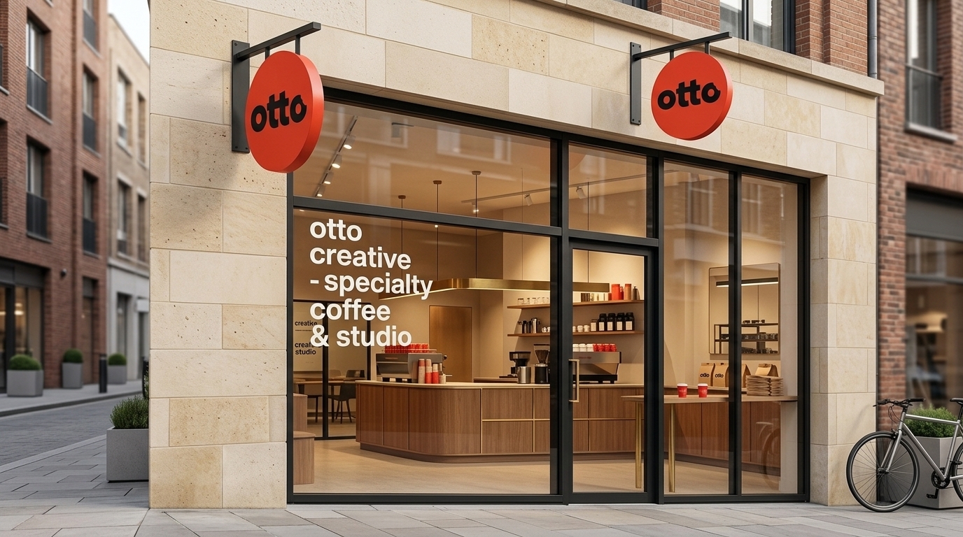 تطبيق هوية otto creative على واجهة المتجر واللافتات الخارجية